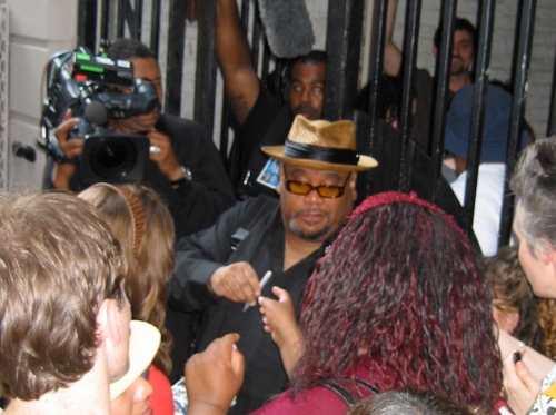 So glad he's not on Broadway: Stew and his adoring fans after the final Broadway performance of <i>Passing Strange</i> on July 20, 2008. (Photo by SPM, all rights reserved.)