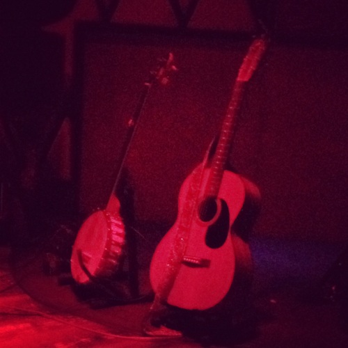 Banjo and guitar onstage before Sam Amidon's set at Rockwood Music Hall.